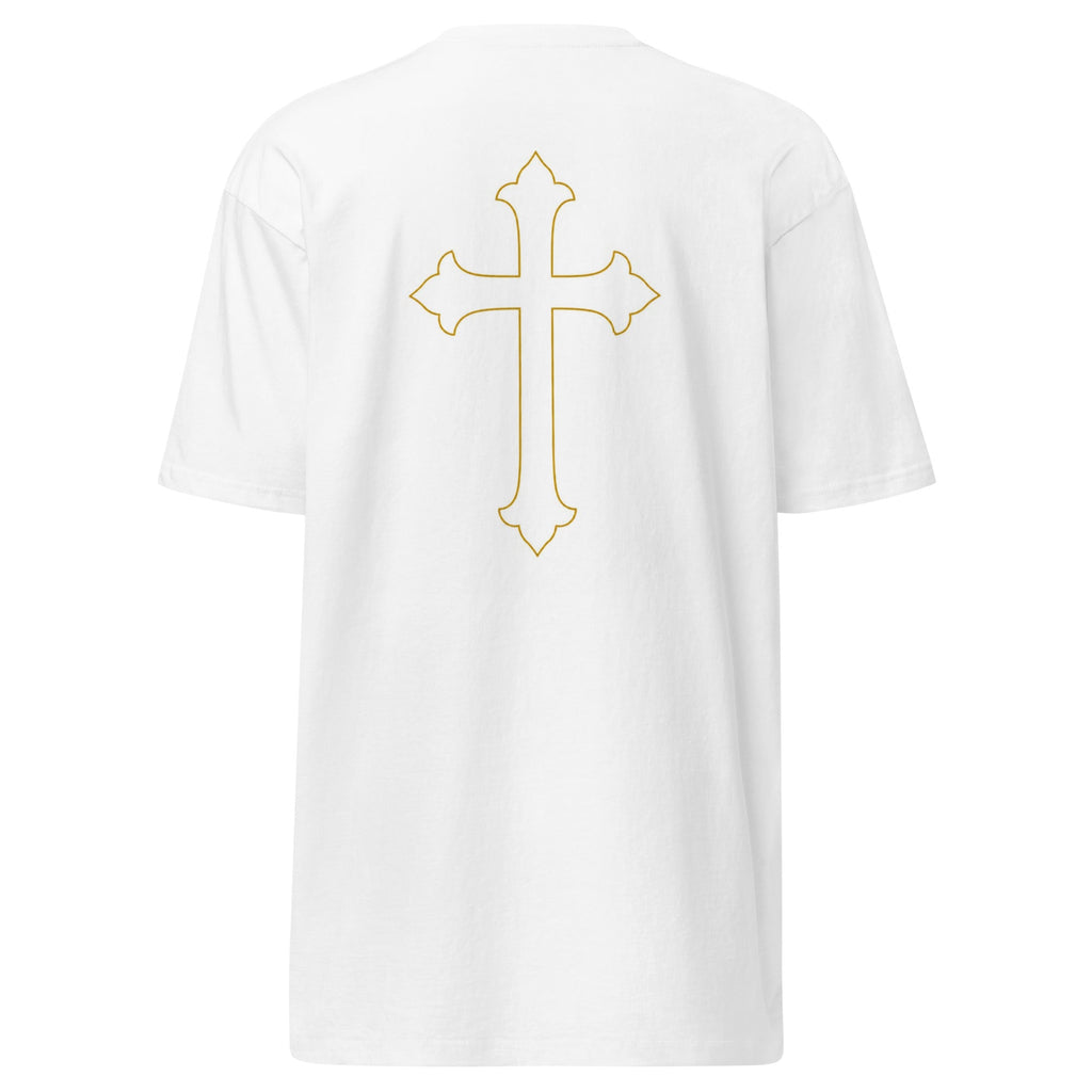 Back view of a Good & Faithful co white heavyweight cotton t-shirt featuring a gold cross graphic print.