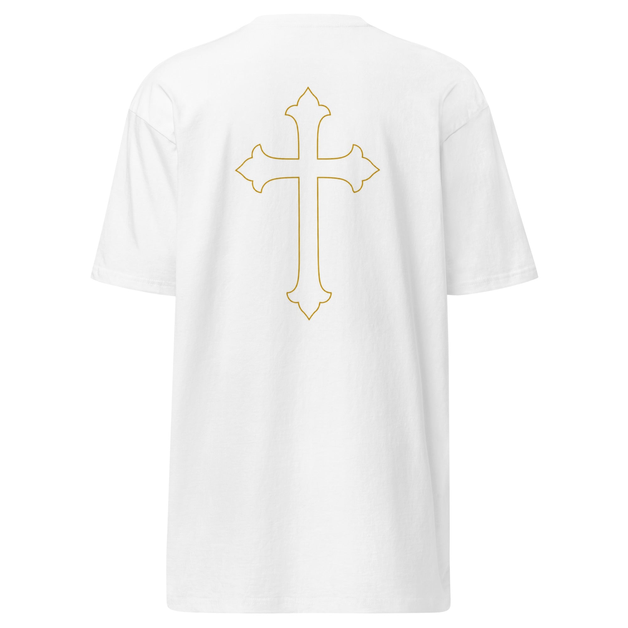 Back view of a Good & Faithful co white heavyweight cotton t-shirt featuring a gold cross graphic print.