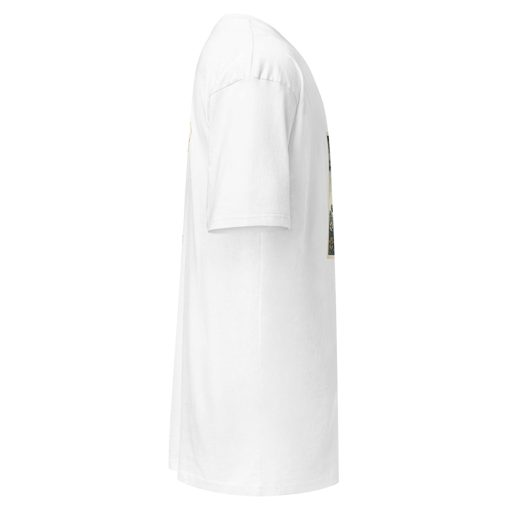 Side view of a white Good & Faithful co heavyweight ring-spun cotton t-shirt with a graphic print on the back.